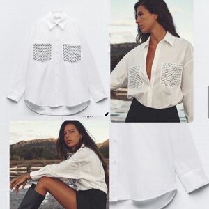Zara Women's White Long Sleeve Studded Bead Pockets Button Up Shirt Top Size XXL